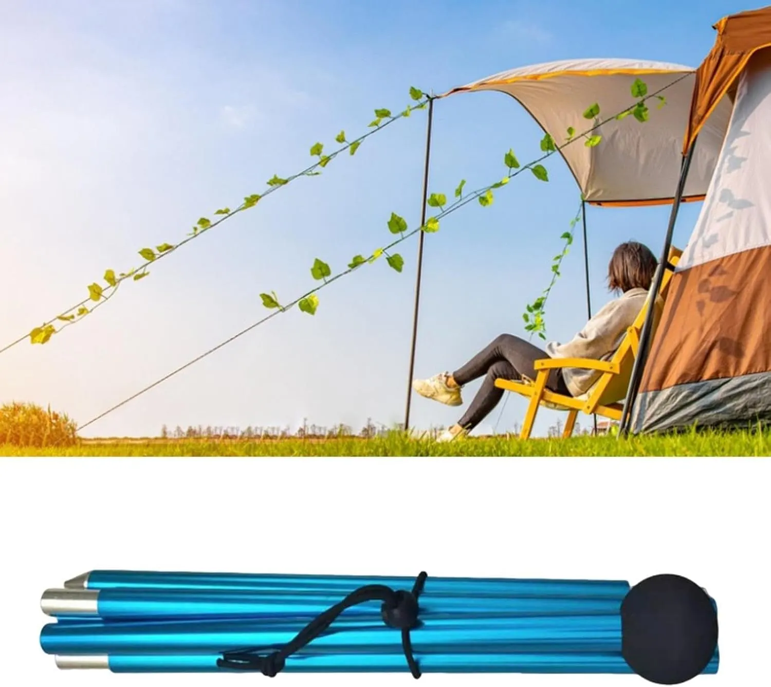 Tent Rod Canopy Rod Bracket 2M Multifunctional,Five Sections Shelter Building Tarp Pole Tent Pole for Hiking Beach Outdoor