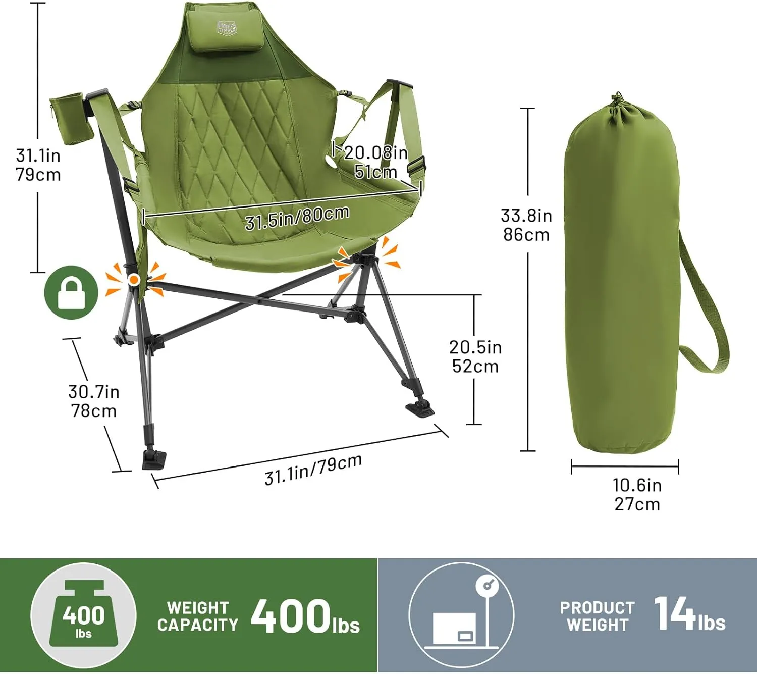 TIMBER RIDGE Hammock Camping Chair, Oversized Swinging Chair with Adjustable Back and Seat Height, Portable Folding Rocking Camping Chair for Outdoor Lawn, Backyard and Patio, Supports 400lbs