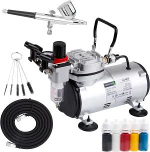 Timbertech Airbrush Kit With Compressor AS18-2K Basic Start Kit With Air Hose, Cleaning Brushes, and Test Paints for Hobby, Body Tattoo, Model painting, Automotive Graphic, Make-up
