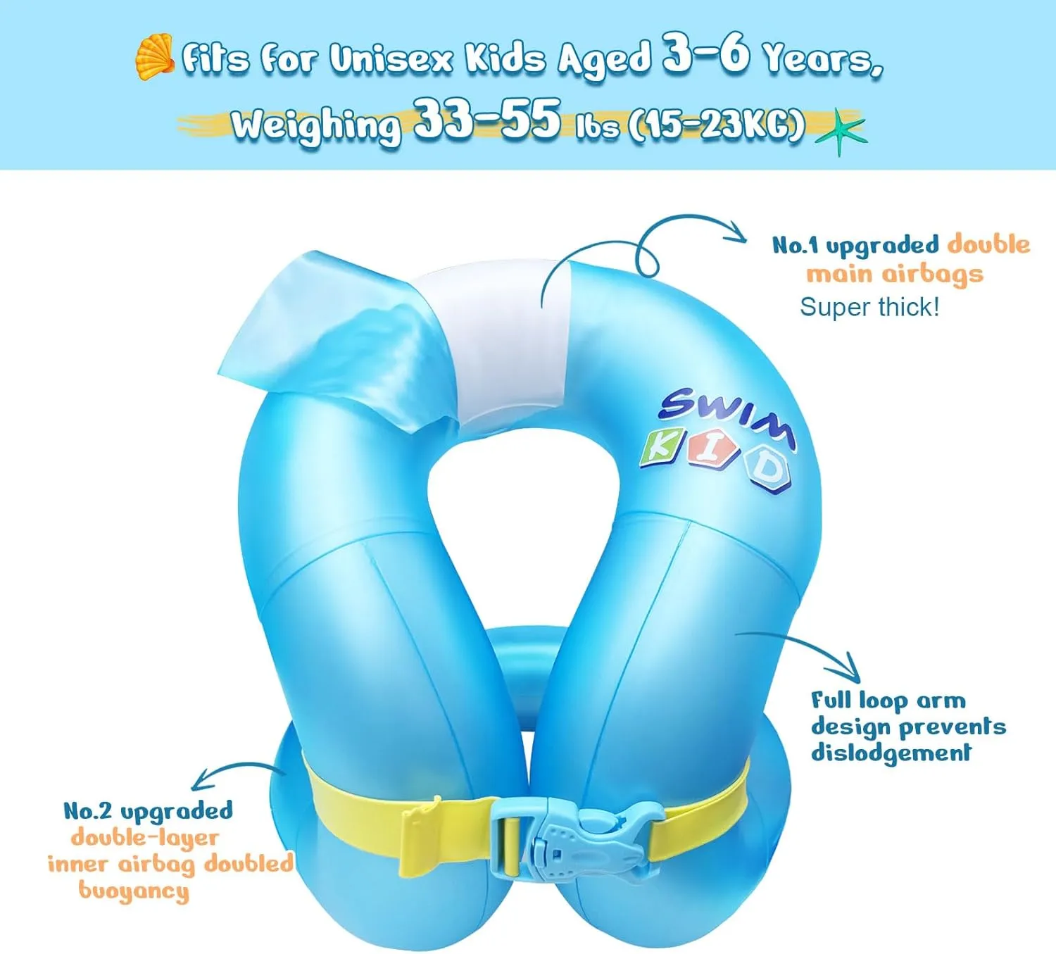 Toddler Swim Vest-Kids Swim Floaties for 3-6/5-12Yrs, 30-50/50-90 lbs, Portable Inflatable Pool Floats with Adjustable Safety Buckle and Double Surround Air Bag