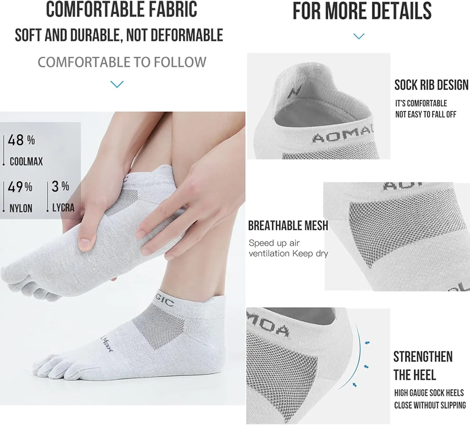 Toe Socks for Men Women Cool-max Running Socks 3 Pairs Athletic Breathable Five Finger Socks