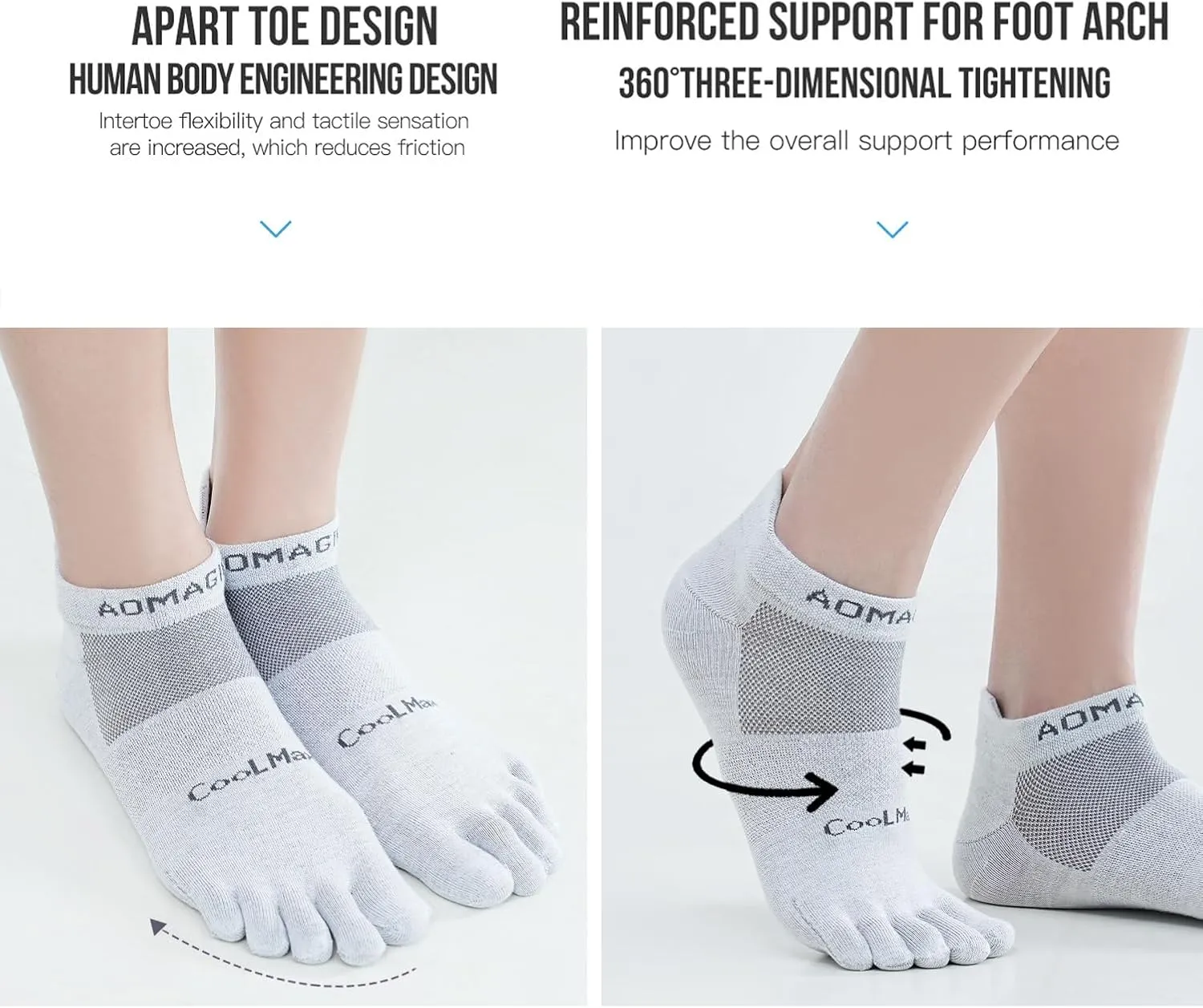 Toe Socks for Men Women Cool-max Running Socks 3 Pairs Athletic Breathable Five Finger Socks