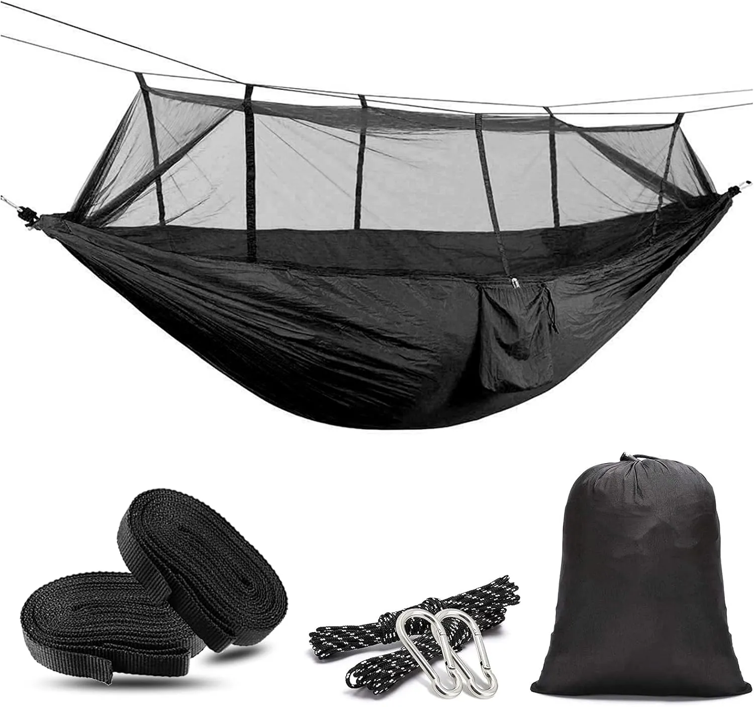 Travel Hammock with Mosquito Net, Lightweight Camping Hammock 200kg Load Capacity, Portable Outdoor Hammock for Camping, Backpacking, Survival, Outdoor Backyard Hiking,Black