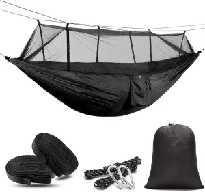 Travel Hammock with Mosquito Net, Lightweight Camping Hammock 200kg Load Capacity, Portable Outdoor Hammock for Camping, Backpacking, Survival, Outdoor Backyard Hiking,Black