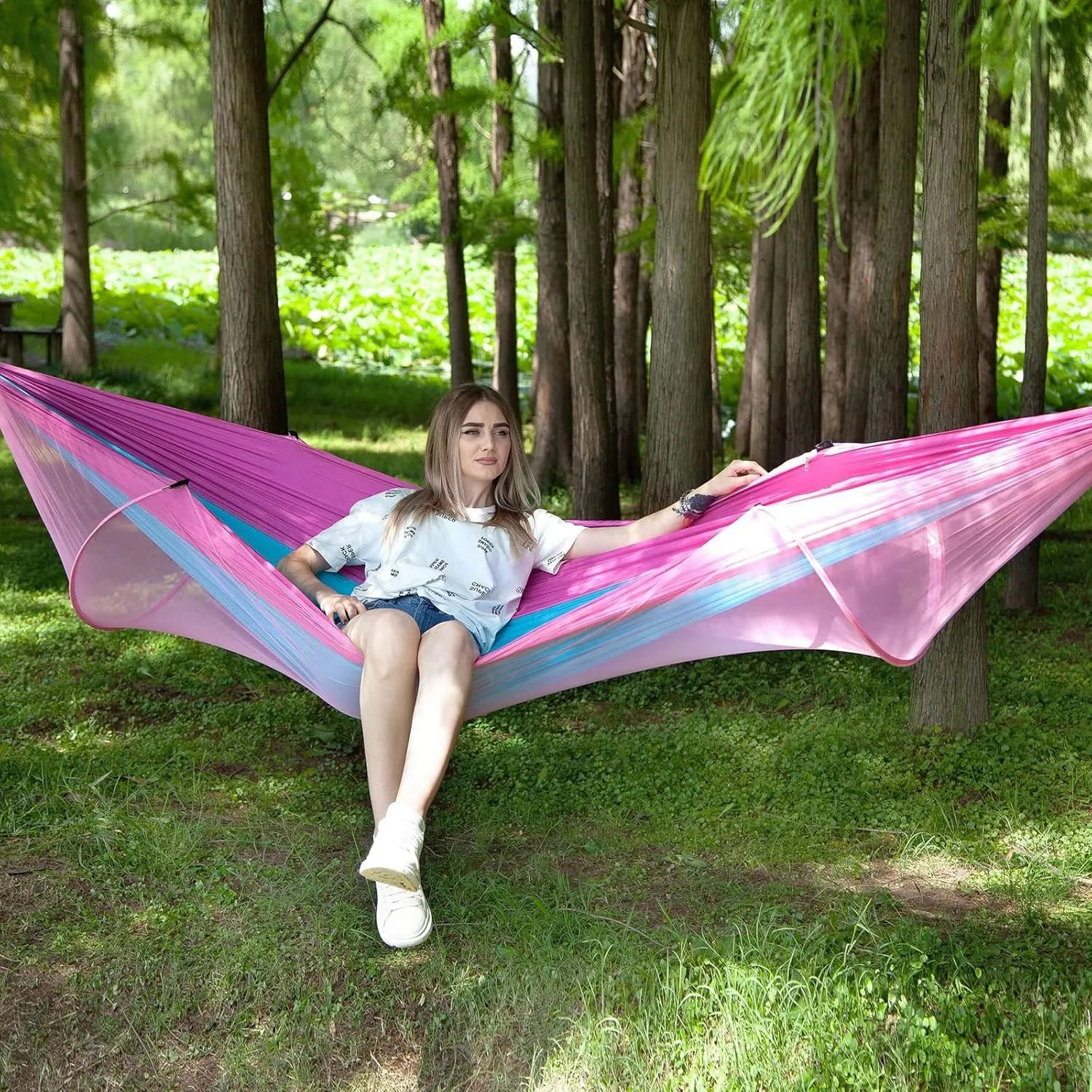 Travel Hammock with Mosquito Net, Lightweight Camping Hammock Hold Up to 200kg, Portable Outdoor Hammock for Camping Hiking Backpacking,Pink,250x120cm