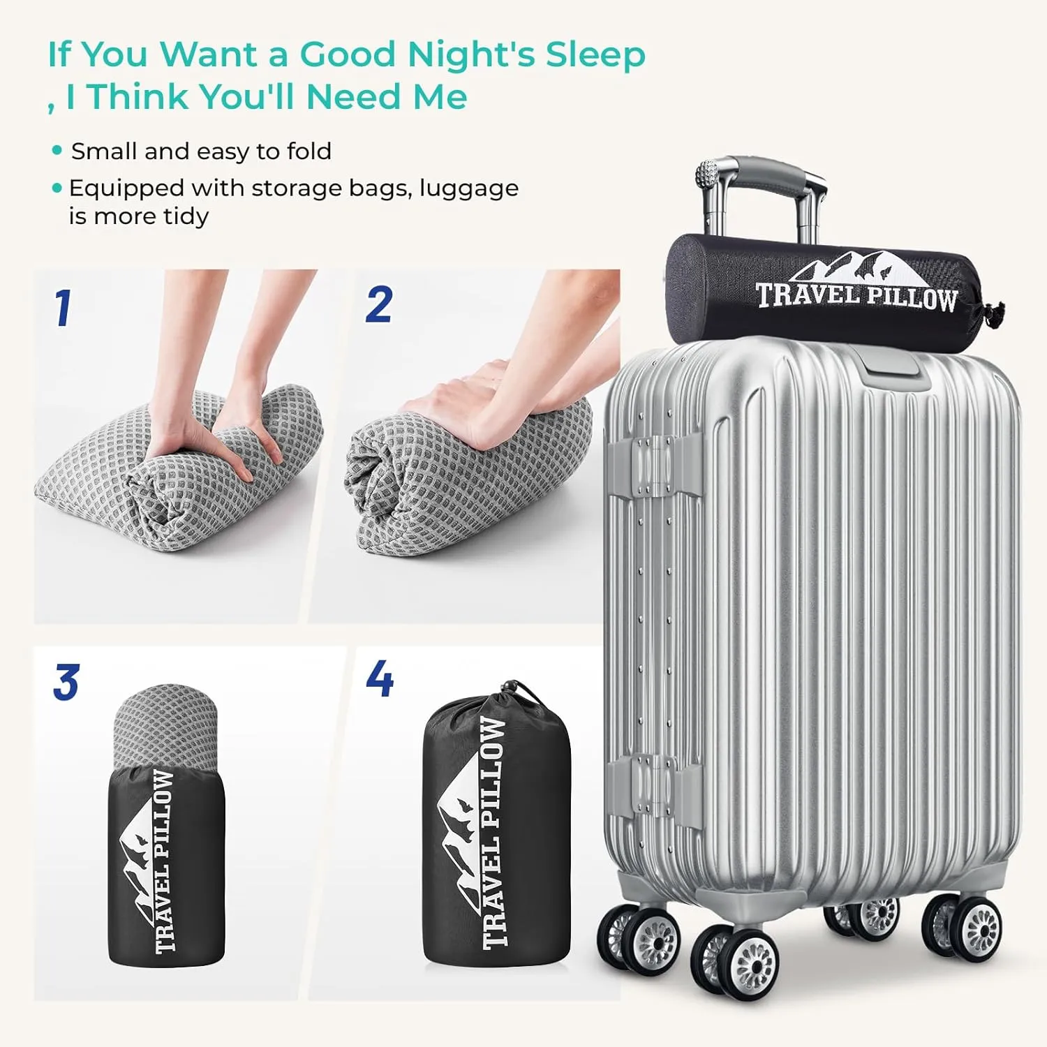 Travel Pillow Memory Foam Pillows, Camping Pillow-Compressible Medium Firm, Breathable Cover, Ideal Backpacking Hiking, Bed Pillows, Airplane and Car (Light Grey, M)
