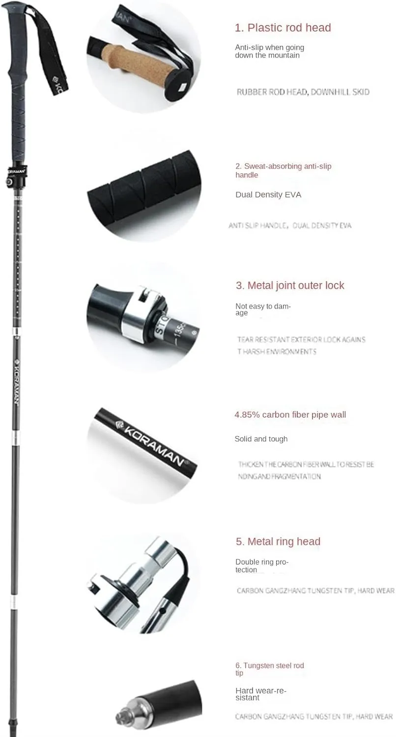 Travel Trekking Pole Folding Trekking Hiking Poles Carbon Fiber Walking Stick Lightweight for Camping Mountaining Outdoor Activities