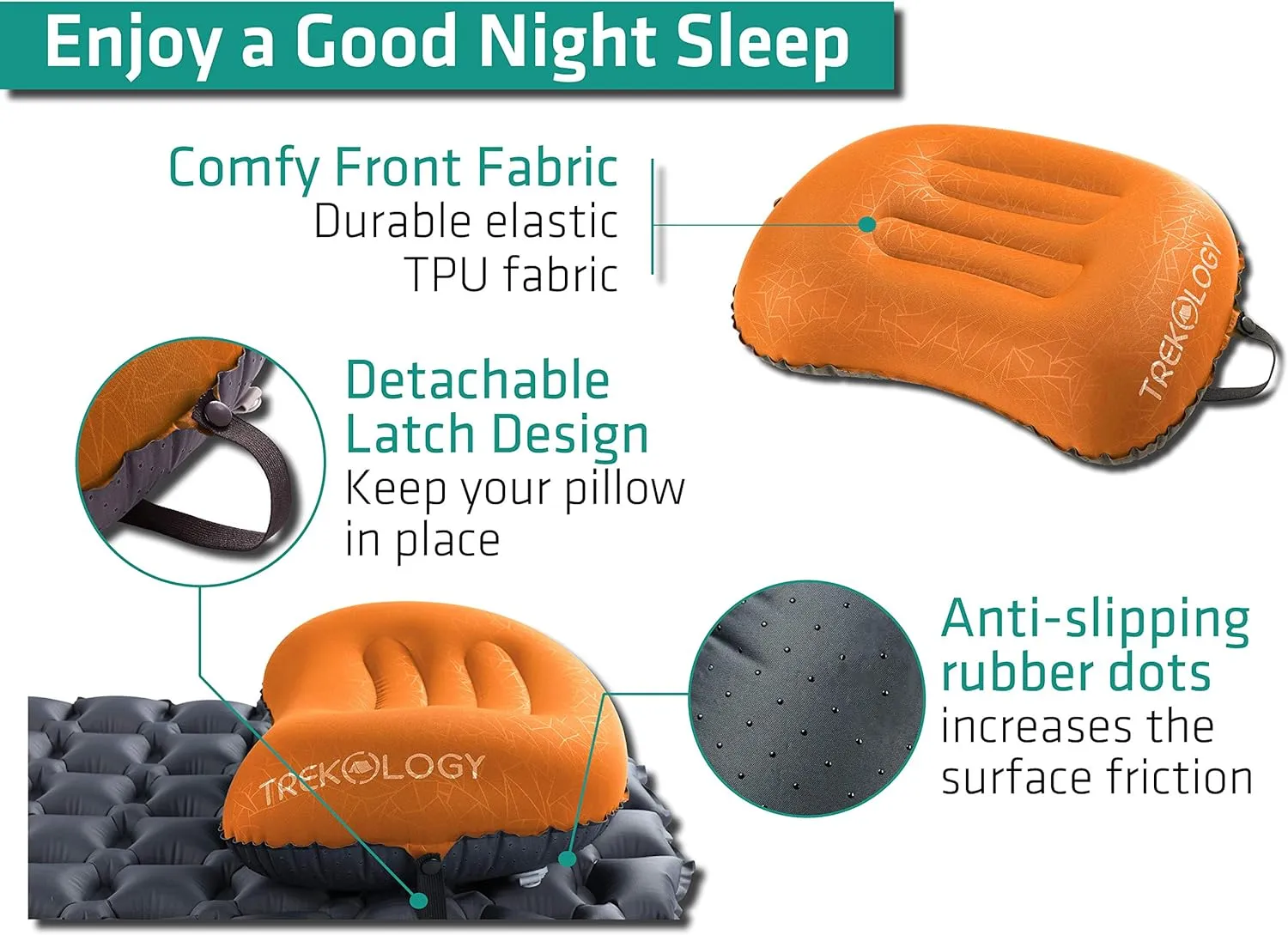 TREKOLOGY Ultralight Inflatable Camping Travel Pillow - ALUFT 2.0 Compressible, Compact, Comfortable, Ergonomic Inflating Pillows for Neck & Lumbar Support While Camp, Hiking, Backpacking