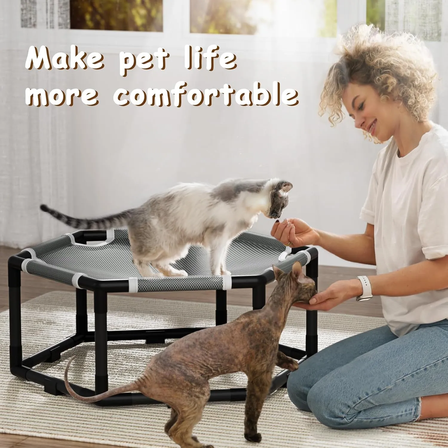 Tresbro Elevated Cat Hammock Bed, Hexagon Raised Cat Swing Bed for Indoor and Outdoor Use with Breathable Fabric & Anti-Slip Block, 23.6'' x 10.6'' x 12'' Pet Chair for Large to Small Kitty Cot