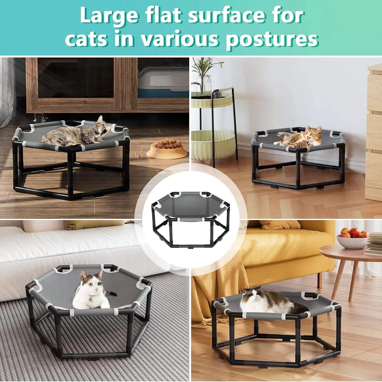Tresbro Elevated Cat Hammock Bed, Hexagon Raised Cat Swing Bed for Indoor and Outdoor Use with Breathable Fabric & Anti-Slip Block, 23.6'' x 10.6'' x 12'' Pet Chair for Large to Small Kitty Cot