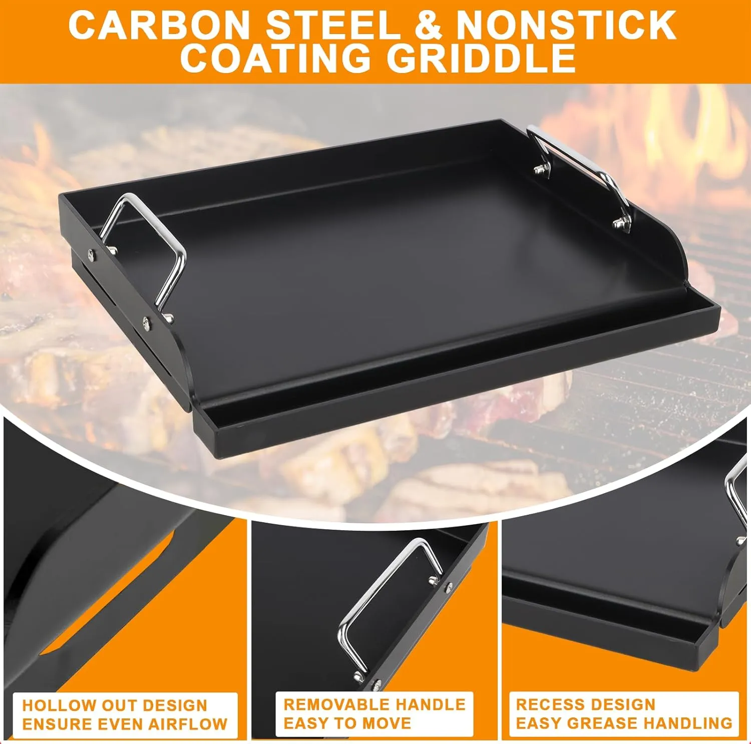 Universal Flat Top Griddle, BBQ Griddle Inserts for Gas/Electric/Charcoal Grill/Stove, 17" x 13" Skillet for Weber Charbroil Camp Chef Nexgrill Cooking Skillet Pan for Outdoor, Carbon Steel,1PC
