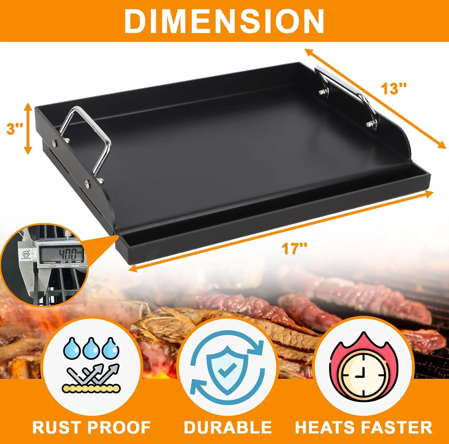 Universal Flat Top Griddle, BBQ Griddle Inserts for Gas/Electric/Charcoal Grill/Stove, 17" x 13" Skillet for Weber Charbroil Camp Chef Nexgrill Cooking Skillet Pan for Outdoor, Carbon Steel,1PC