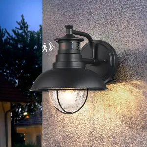 Untrammelife Motion Sensor Wall Sconce Dusk-to-Dawn Outdoor Wall Light Fixtures Wall Mount with Crackle Glass Shade, 1-Light Matte Black Exterior Wall Lantern for Doorway Garage(Bulb Included)