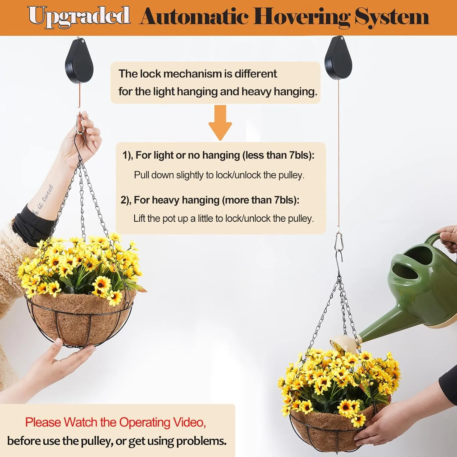 Upgraded Retractable Plant Hanger,Plant Pulleys for Hanging Plants,Easy to Raise and Lower,Auto Lock,Heavy Duty, Adjustable Hook for Garden Baskets Pots,Birds Feeder,(3Pcs,Black)