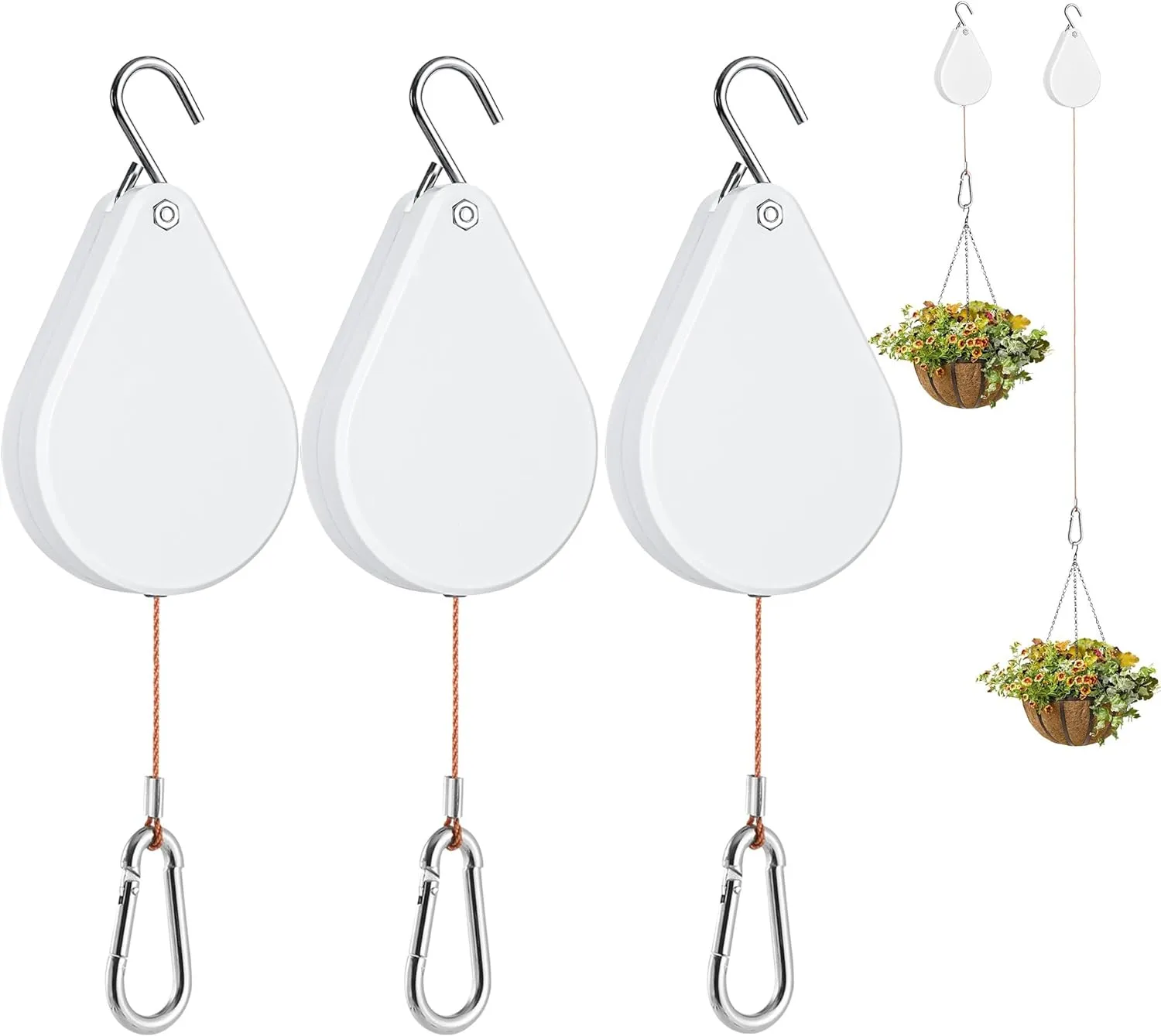 Upgraded Retractable Plant Hanger,Plant Pulleys for Hanging Plants,Easy to Raise and Lower,Auto Lock,Heavy Duty,Adjustable Hook for Garden Baskets Pots,Birds Feeder,(3Pcs,White)