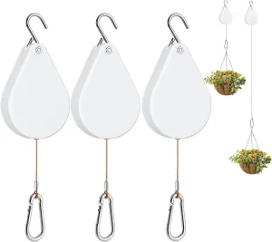 Upgraded Retractable Plant Hanger,Plant Pulleys for Hanging Plants,Easy to Raise and Lower,Auto Lock,Heavy Duty,Adjustable Hook for Garden Baskets Pots,Birds Feeder,(3Pcs,White)