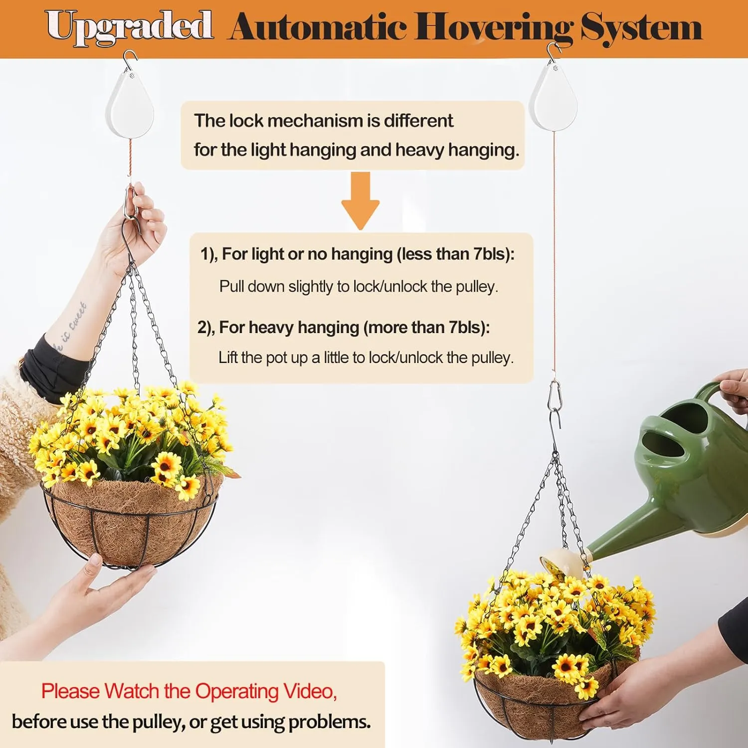 Upgraded Retractable Plant Hanger,Plant Pulleys for Hanging Plants,Easy to Raise and Lower,Auto Lock,Heavy Duty,Adjustable Hook for Garden Baskets Pots,Birds Feeder,(3Pcs,White)