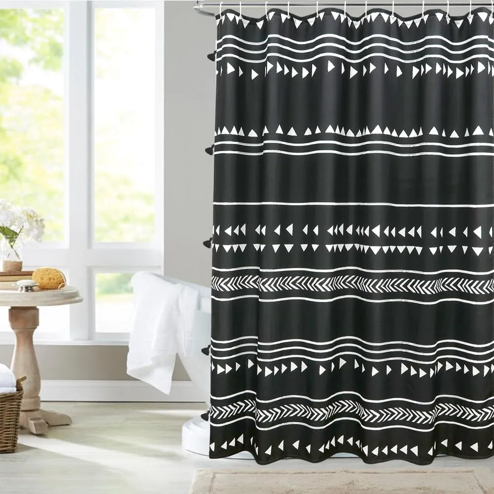 UPHOME Boho Black and White Fabric Tassel Triangle Stripes Geometric Shower Curtain Set with Hooks Chic Tribal Bathroom Decor Accessories (72X72 inch, Black)