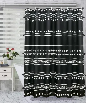 UPHOME Boho Black and White Fabric Tassel Triangle Stripes Geometric Shower Curtain Set with Hooks Chic Tribal Bathroom Decor Accessories (72X72 inch, Black)