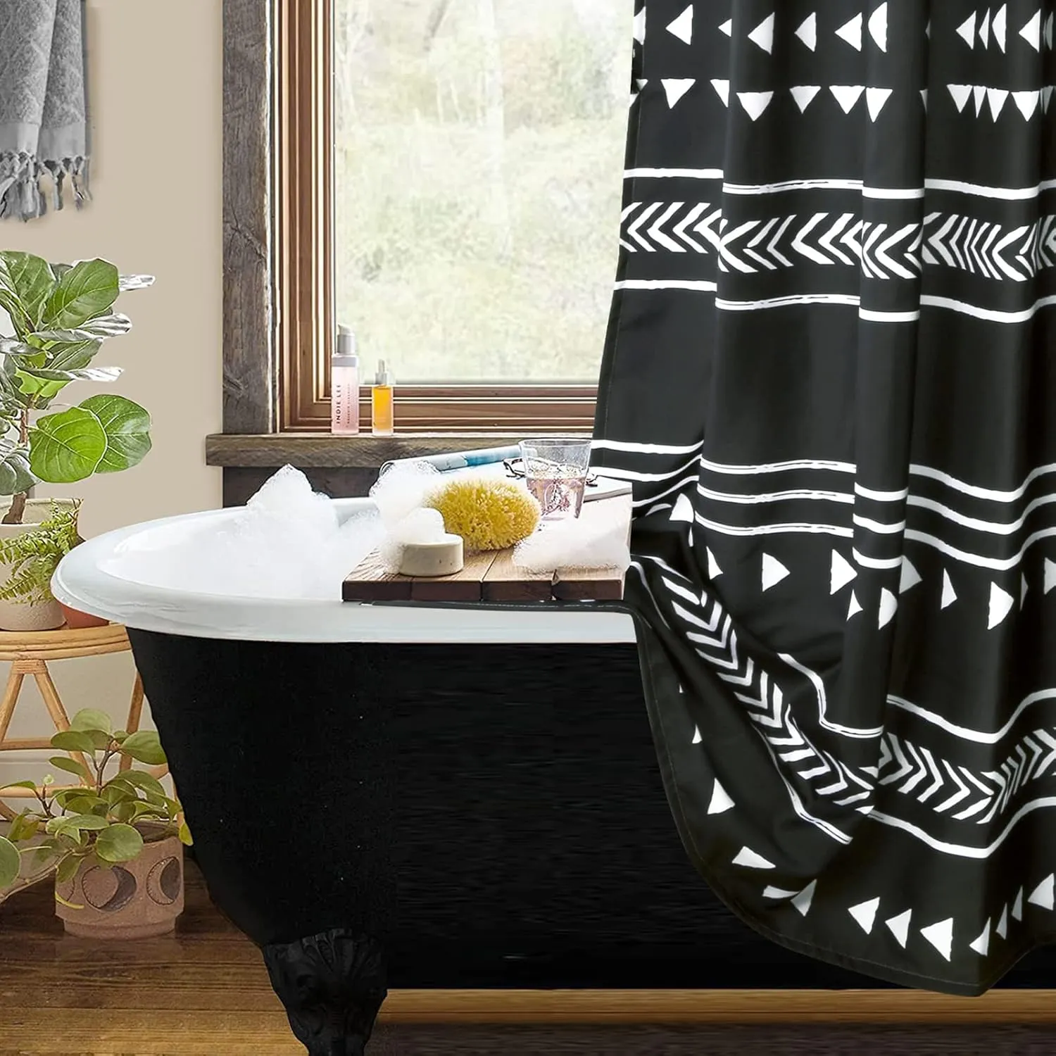 UPHOME Boho Black and White Fabric Tassel Triangle Stripes Geometric Shower Curtain Set with Hooks Chic Tribal Bathroom Decor Accessories (72X72 inch, Black)