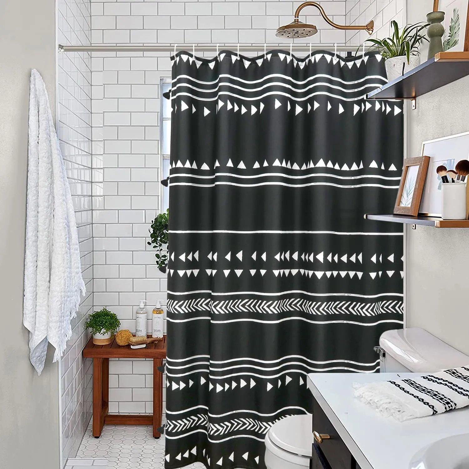 UPHOME Boho Black and White Fabric Tassel Triangle Stripes Geometric Shower Curtain Set with Hooks Chic Tribal Bathroom Decor Accessories (72X72 inch, Black)
