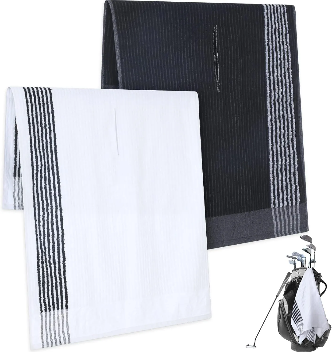 Vabean 2 Pcs 22 x 44 Large Golf Towel Caddie Style Center Cut Caddy Hanging Fast Drying Golf Club Cotton and Polyester Blend Camping Towels(Black-White, Dark Gray-White)