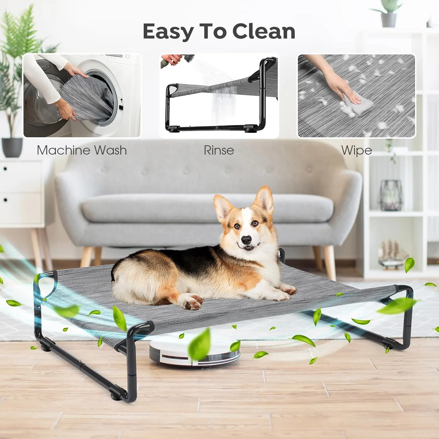 Veehoo Medium Elevated Dog Bed with Flannel Dog Blanket, Outdoor Guardrail Raised Pet Cot for Small Medium Dogs, Anti-Slip Camping Hammock Bed, Breathable Teslin Mesh Fabric, M, CWC2201B