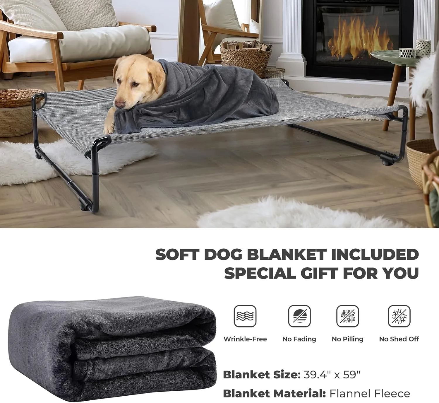 Veehoo Medium Elevated Dog Bed with Flannel Dog Blanket, Outdoor Guardrail Raised Pet Cot for Small Medium Dogs, Anti-Slip Camping Hammock Bed, Breathable Teslin Mesh Fabric, M, CWC2201B
