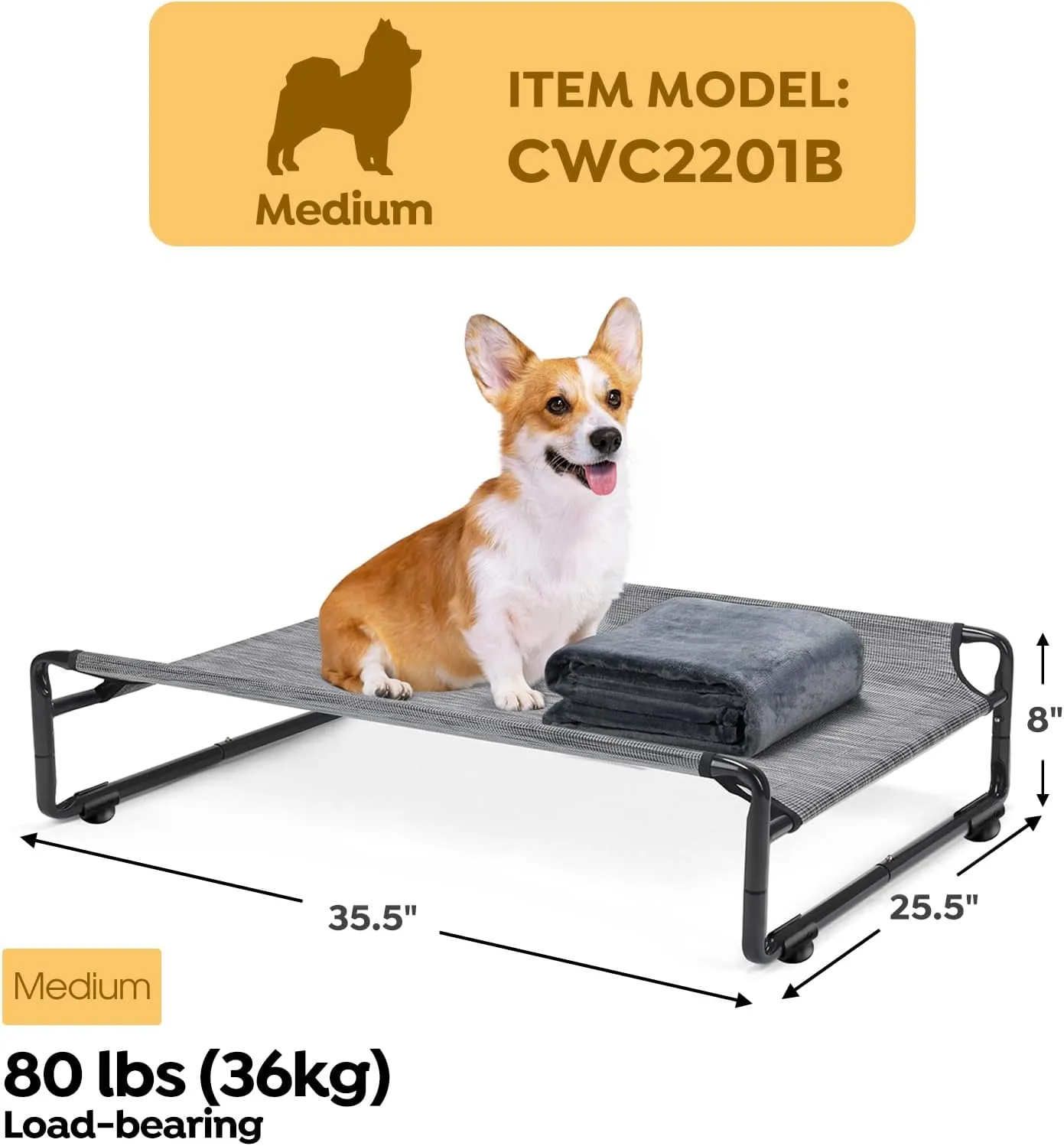 Veehoo Medium Elevated Dog Bed with Flannel Dog Blanket, Outdoor Guardrail Raised Pet Cot for Small Medium Dogs, Anti-Slip Camping Hammock Bed, Breathable Teslin Mesh Fabric, M, CWC2201B