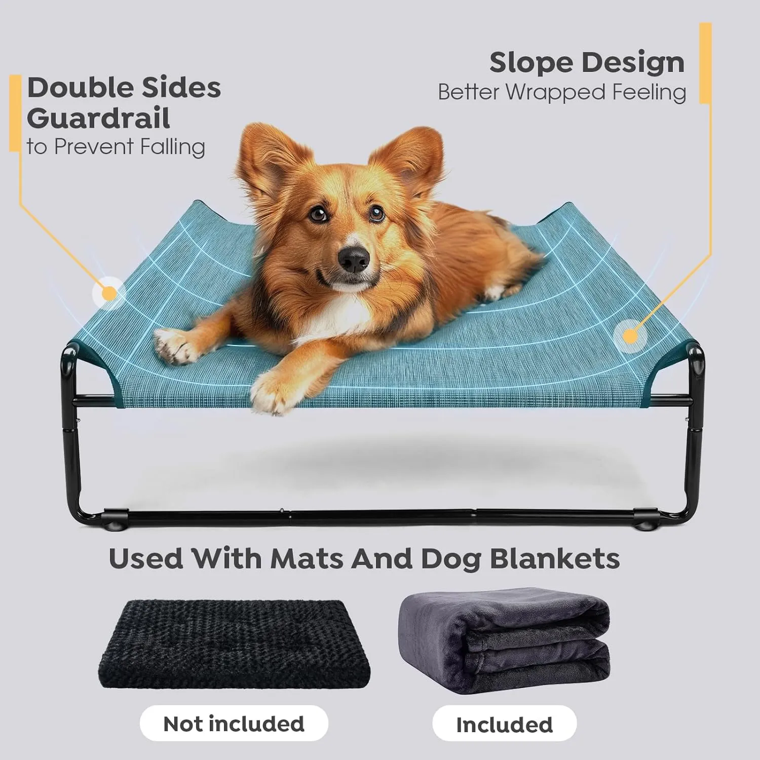 Veehoo Medium Elevated Dog Bed with Flannel Dog Blanket, Outdoor Guardrail Raised Pet Cot for Small Medium Dogs, Anti-Slip Camping Hammock Bed, Breathable Teslin Mesh Fabric, M, CWC2201B
