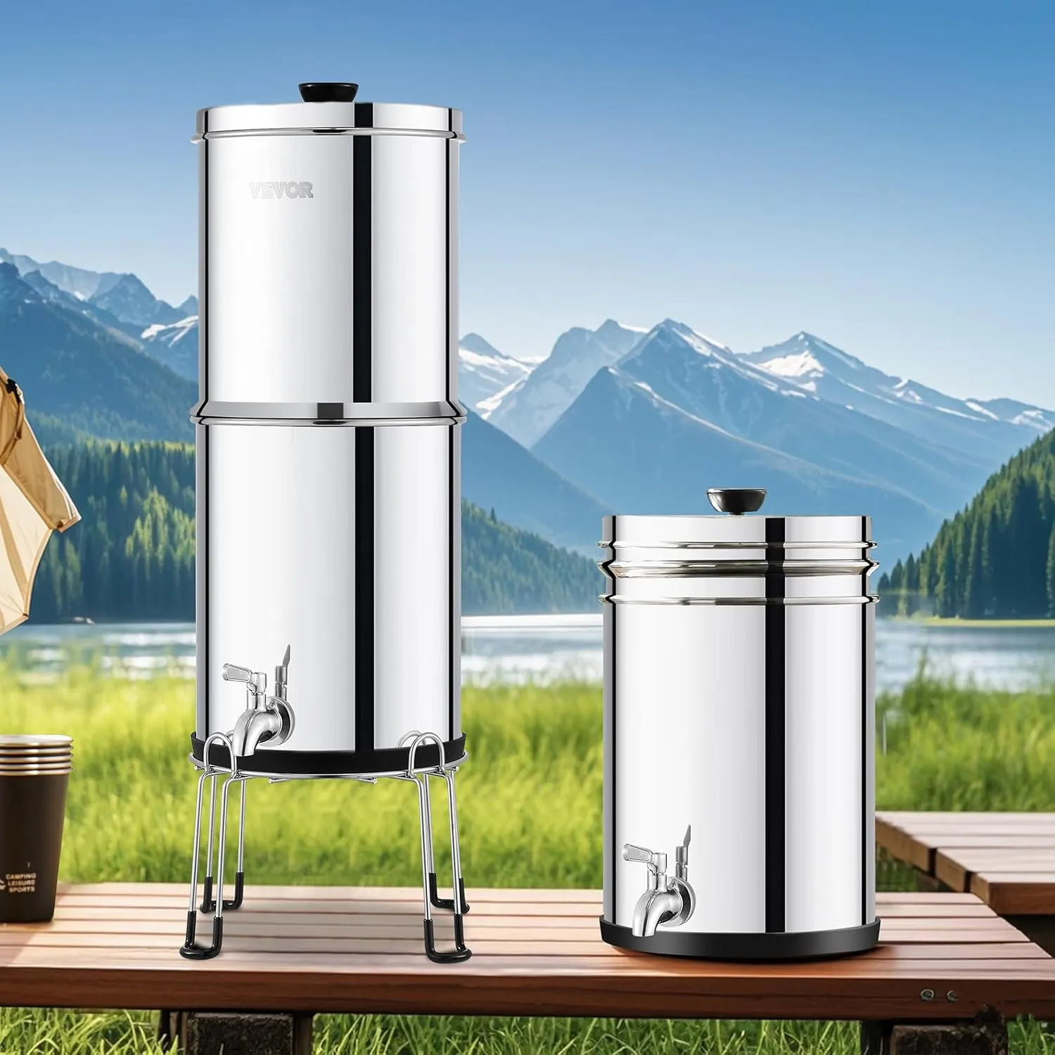 VEVOR Gravity-fed Water Filter System, 2.25G 304 Stainless-Steel Countertop Water Filtration System, Reduces Lead and up to 99% of Chlorine, with 2 Ceramic Carbon Filters, Spigot, and Stand