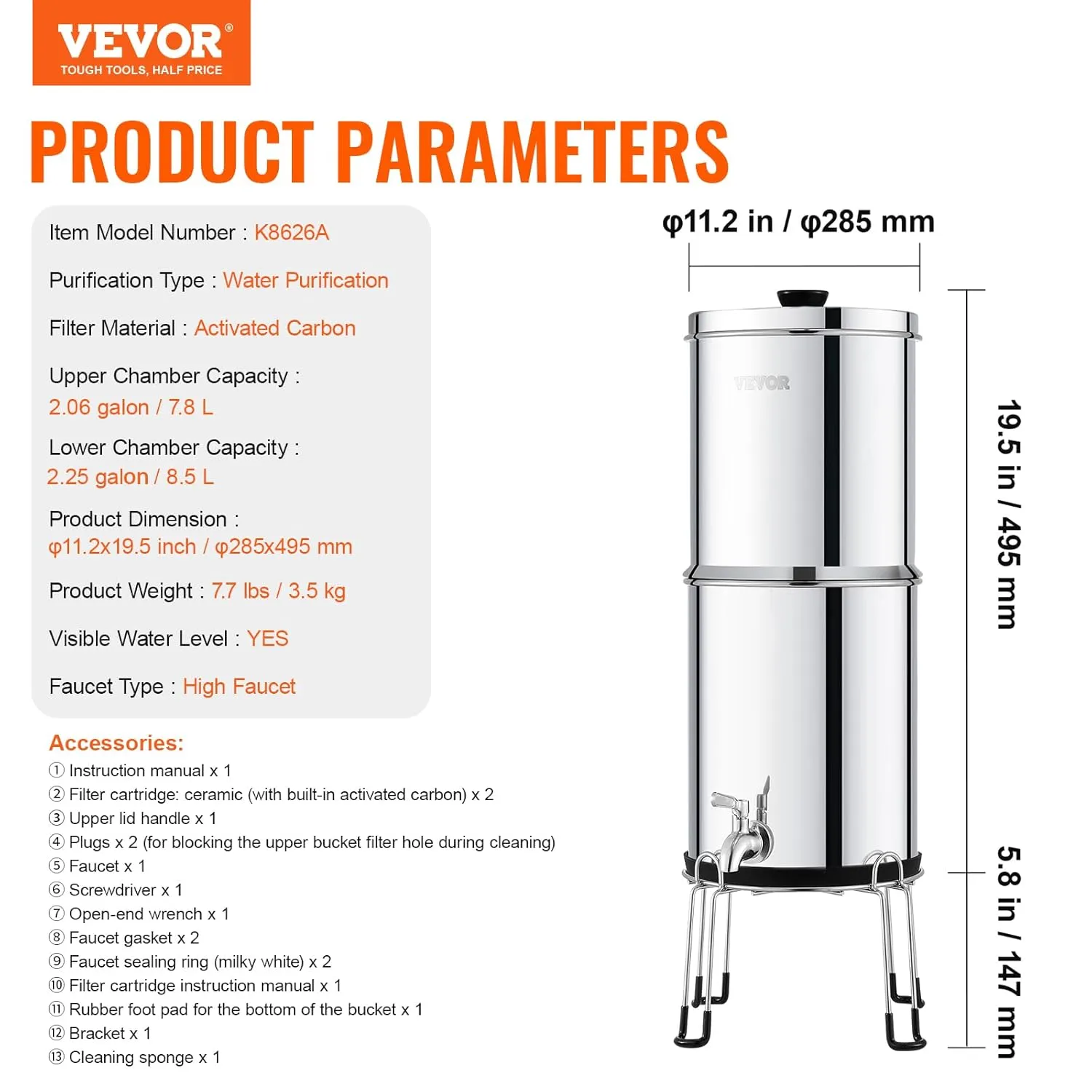 VEVOR Gravity-fed Water Filter System, 2.25G 304 Stainless-Steel Countertop Water Filtration System, Reduces Lead and up to 99% of Chlorine, with 2 Ceramic Carbon Filters, Spigot, and Stand
