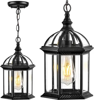 VIANIS 13.8" Large Outdoor Pendant Light Fixture, Black Hanging Porch Lights with Tempered Glass, Anti-Rust, Waterproof Outside Ceiling Light, Adjustable Chandelier Hanging Lantern for Entryway Yard