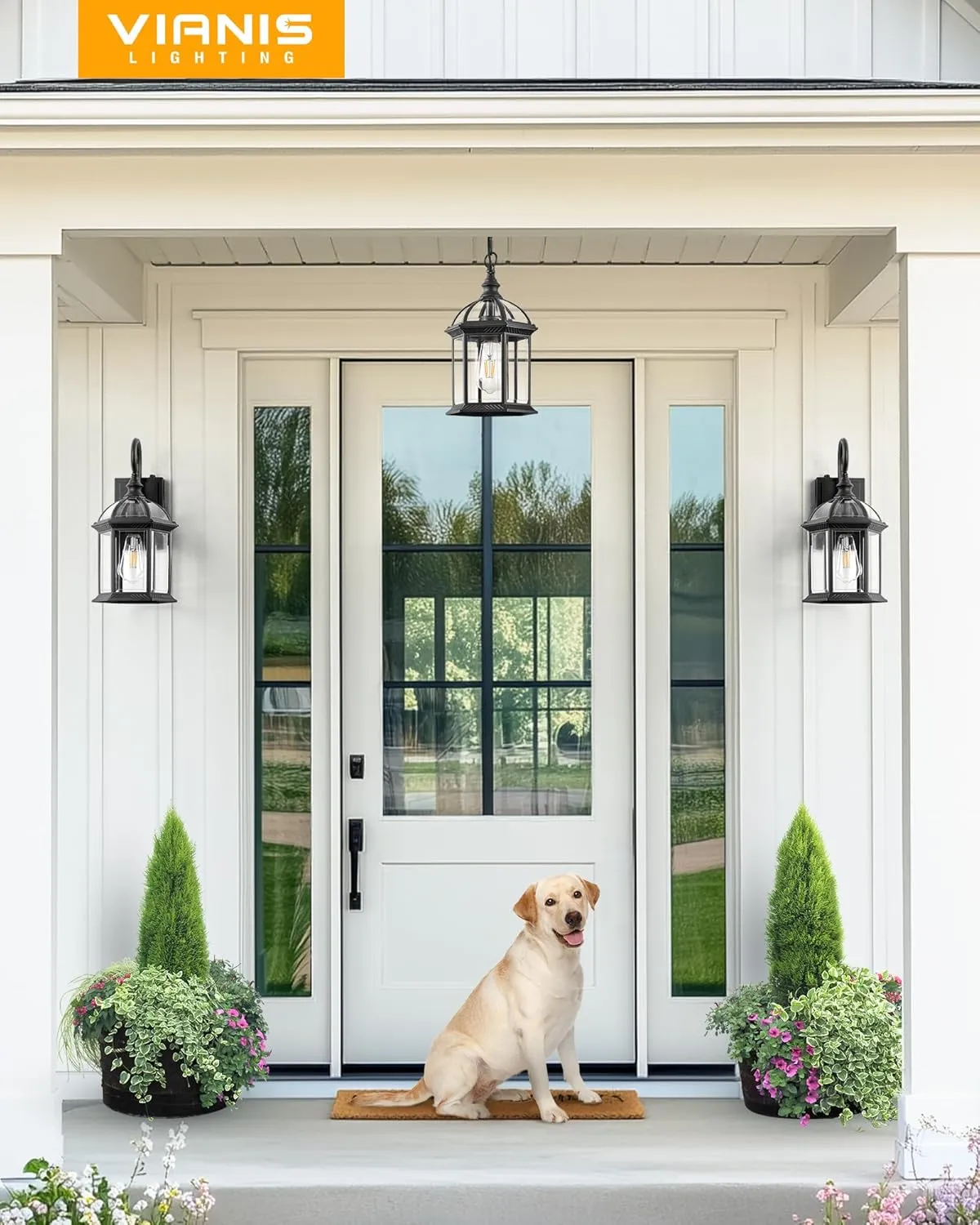 VIANIS 13.8" Large Outdoor Pendant Light Fixture, Black Hanging Porch Lights with Tempered Glass, Anti-Rust, Waterproof Outside Ceiling Light, Adjustable Chandelier Hanging Lantern for Entryway Yard