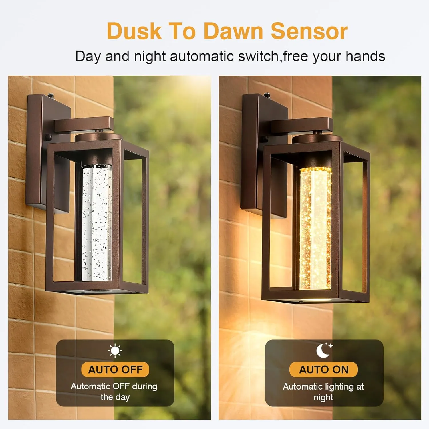 VIANIS 2 Pack Porch Lights Outdoor, Oil Rubbed Bronze Dusk to Dawn Exterior Lighting Fixtures Wall Mount for House with Integrated 10W LED Light Source, Farmhouse Outdoor Sconce Lantern Crystal Glass
