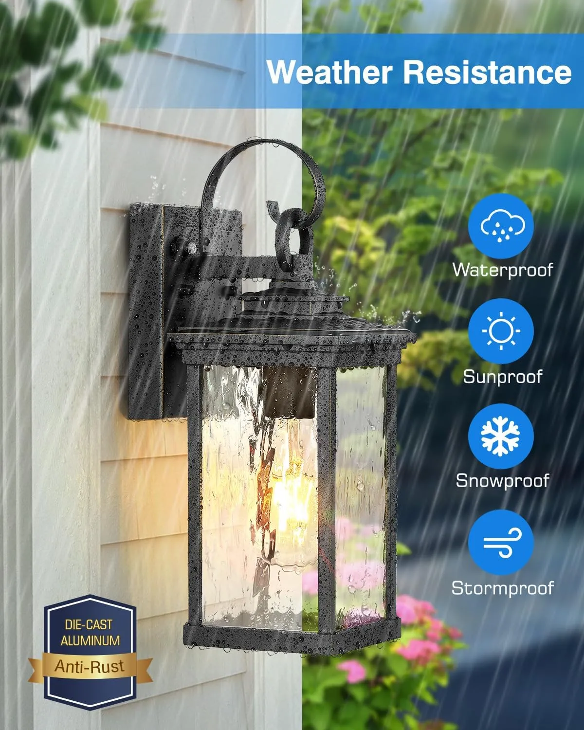VIANIS Dusk to Dawn Outdoor Wall Lantern, Modern Black (Gold Trim) Exterior Light Fixtures for Garage, Anti-Rust Outside Porch Lighting Wall Mount Sconce Lighting for House with Tempered Glass