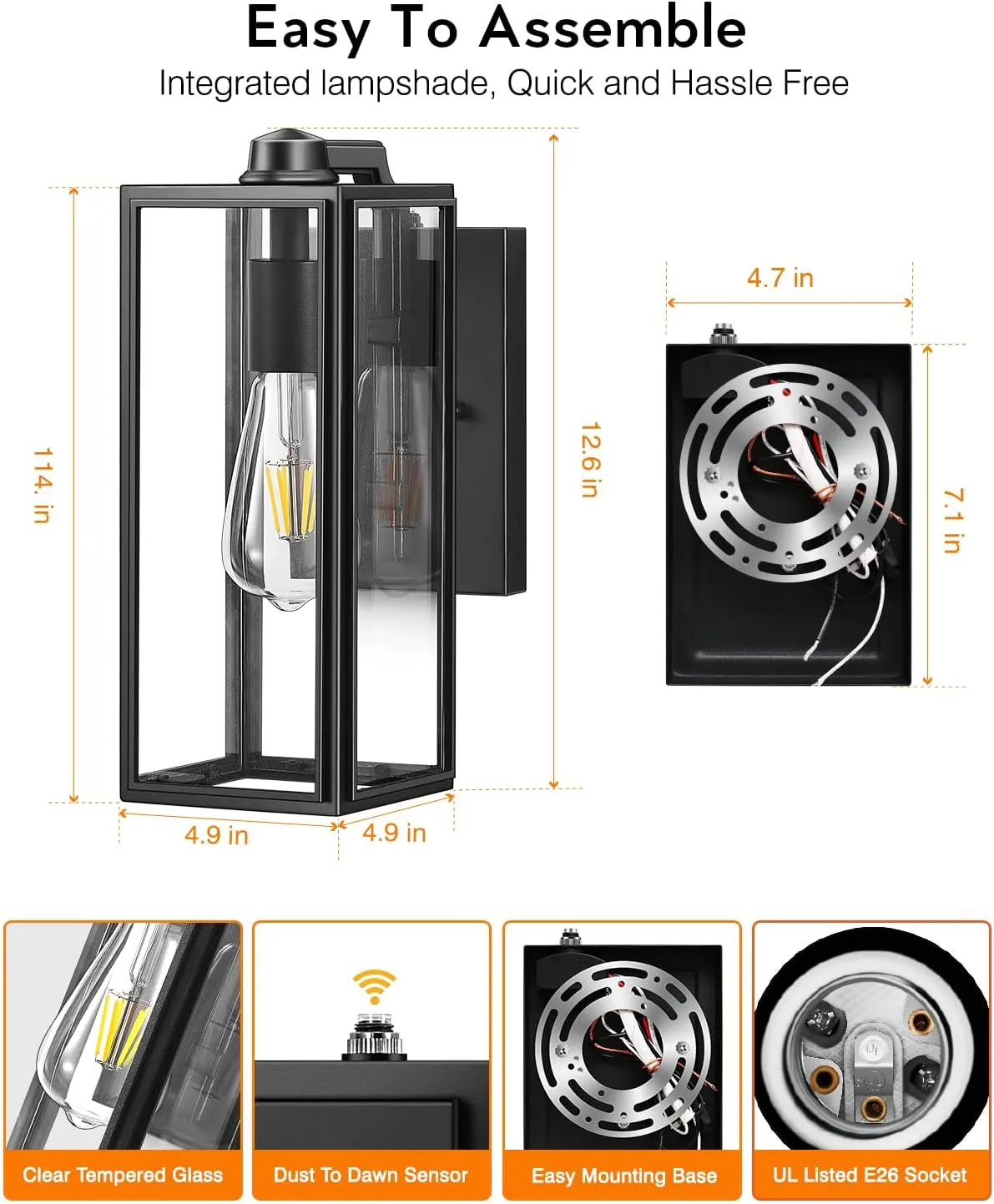 VIANIS Dusk to Dawn Outdoor Wall Lanterns,Black Exterior Light Fixture Wall Mount for House Front Porch,Anti-Rust Aluminium Modern Outdoor Coach Lantern with Tempered Glass Shade for Garage