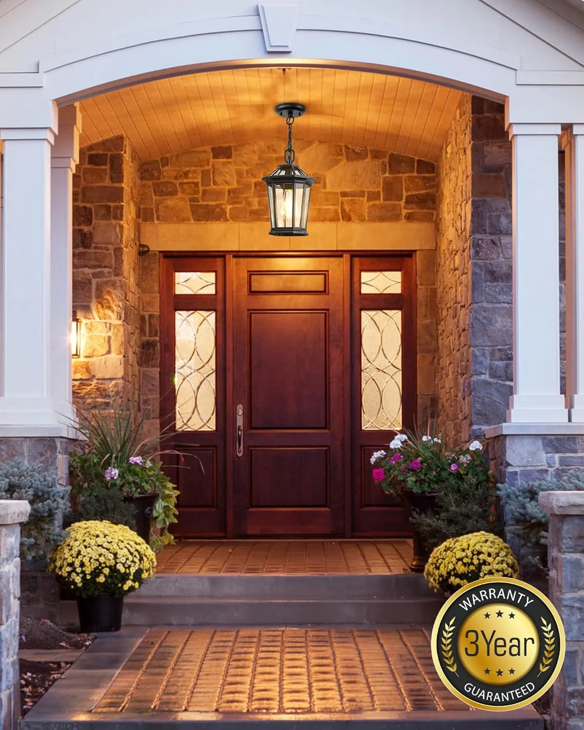 VIANIS Outdoor Pendant Light Fixtures for Porch, Exterior Ceiling Hanging Lanterns, Anti-Rust Waterproof Farmhouse Outdoor Chandelier, Black Gold Aluminum with Tempered Glass for Entryway, 1 Pack
