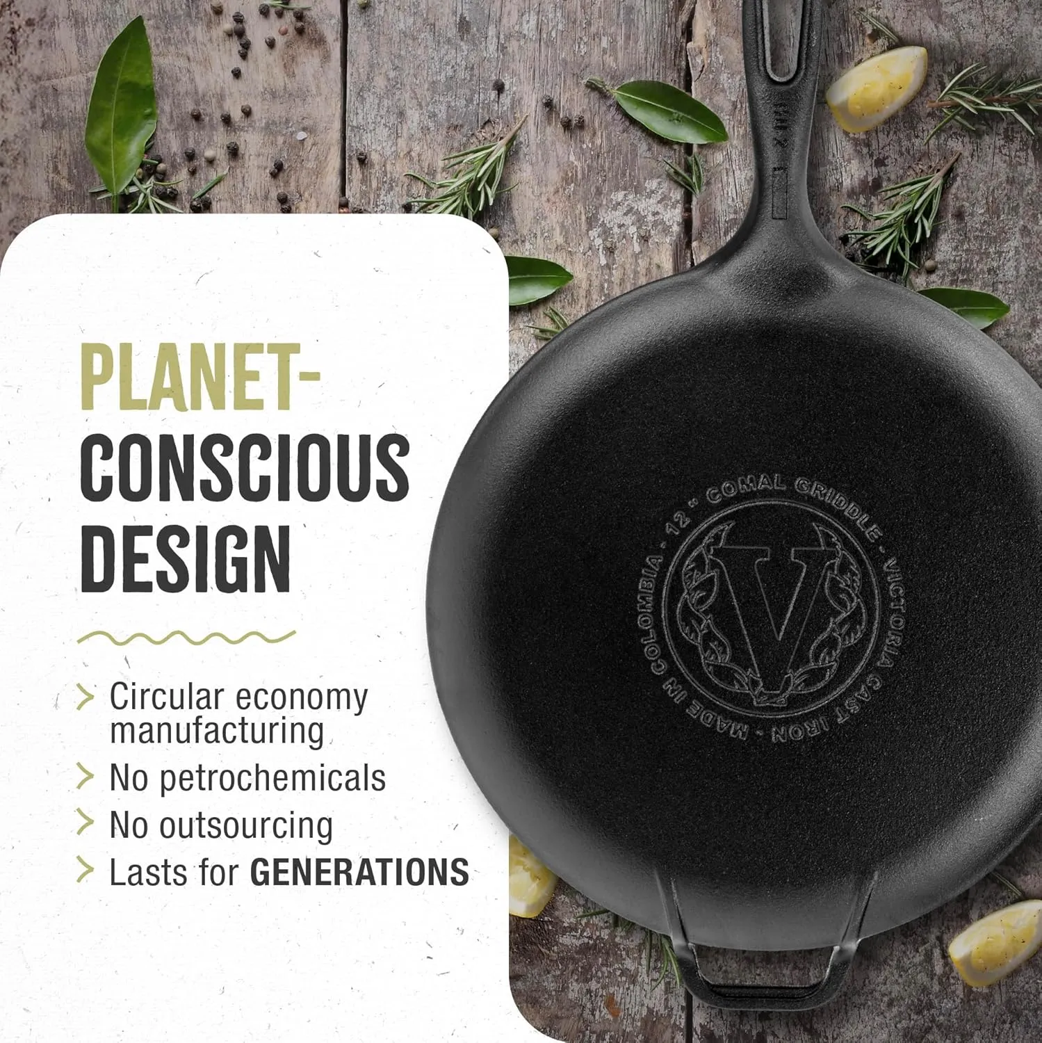 Victoria 12-Inch Cast Iron Comal Pizza Pan with a Long Handle and a Loop Handle, Preseasoned with Flaxseed Oil, Made in Colombia
