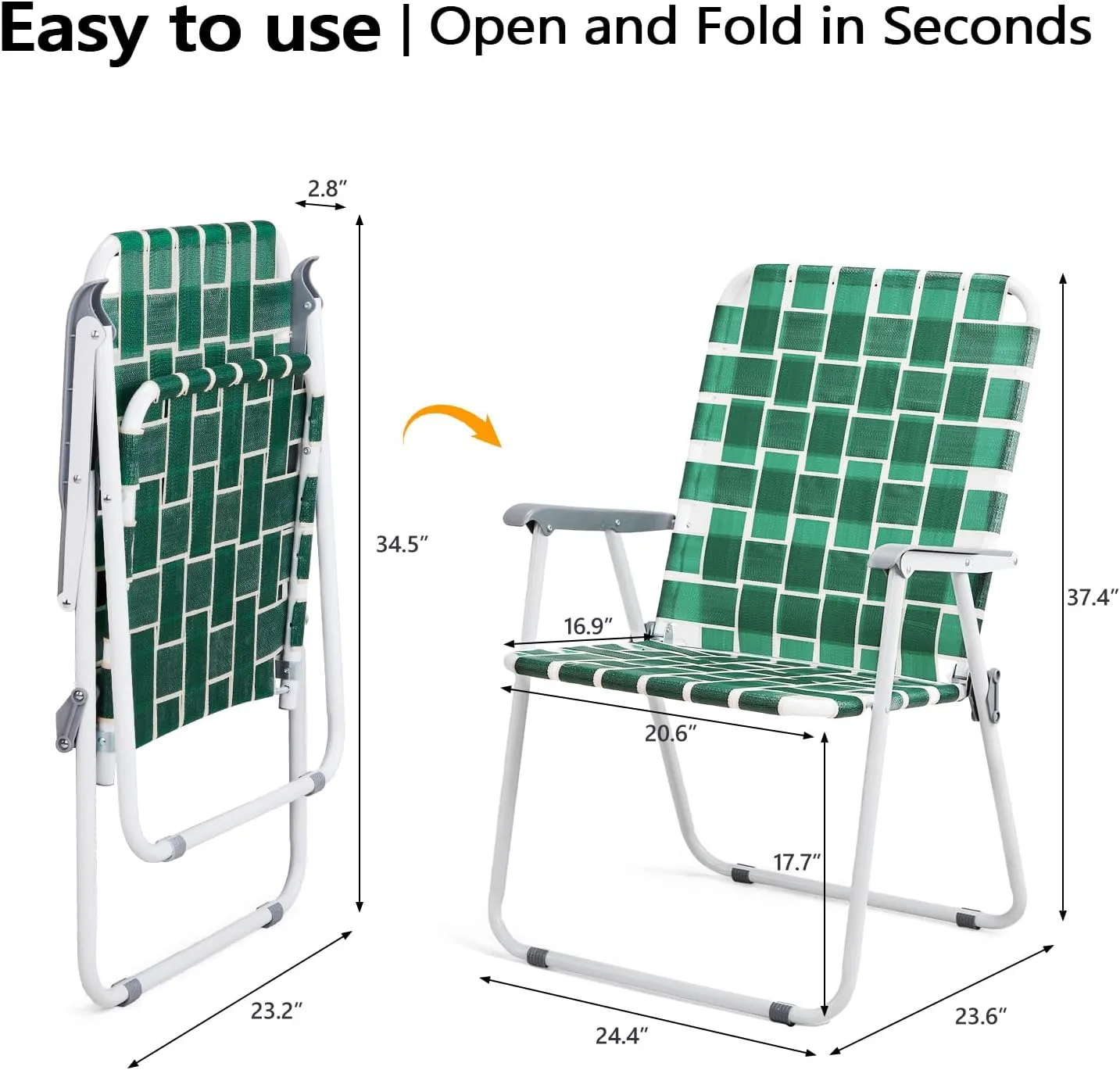 VINGLI Patio Lawn Webbed Folding Chairs Outdoor Beach Portable Camping Chair for Yard, Garden (2, Dark Green, Oversized)