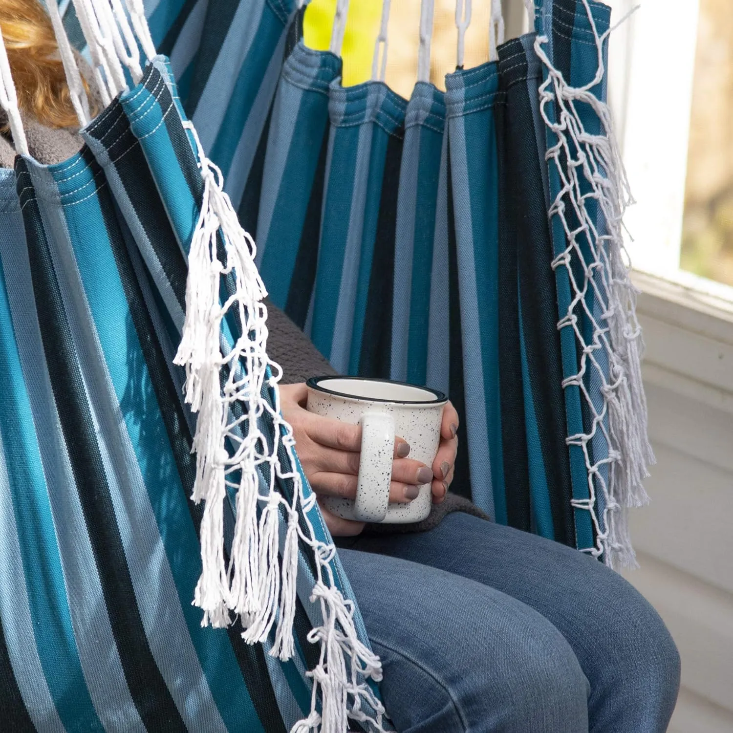 Vivere Cotton Hammock Chair with Hardwood Spreader Bar - 250 lb Capacity (Blue Lagoon)