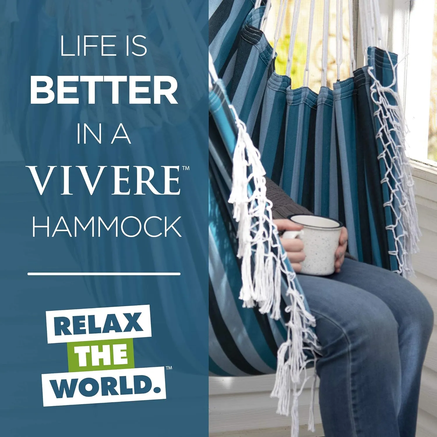 Vivere Cotton Hammock Chair with Hardwood Spreader Bar - 250 lb Capacity (Blue Lagoon)