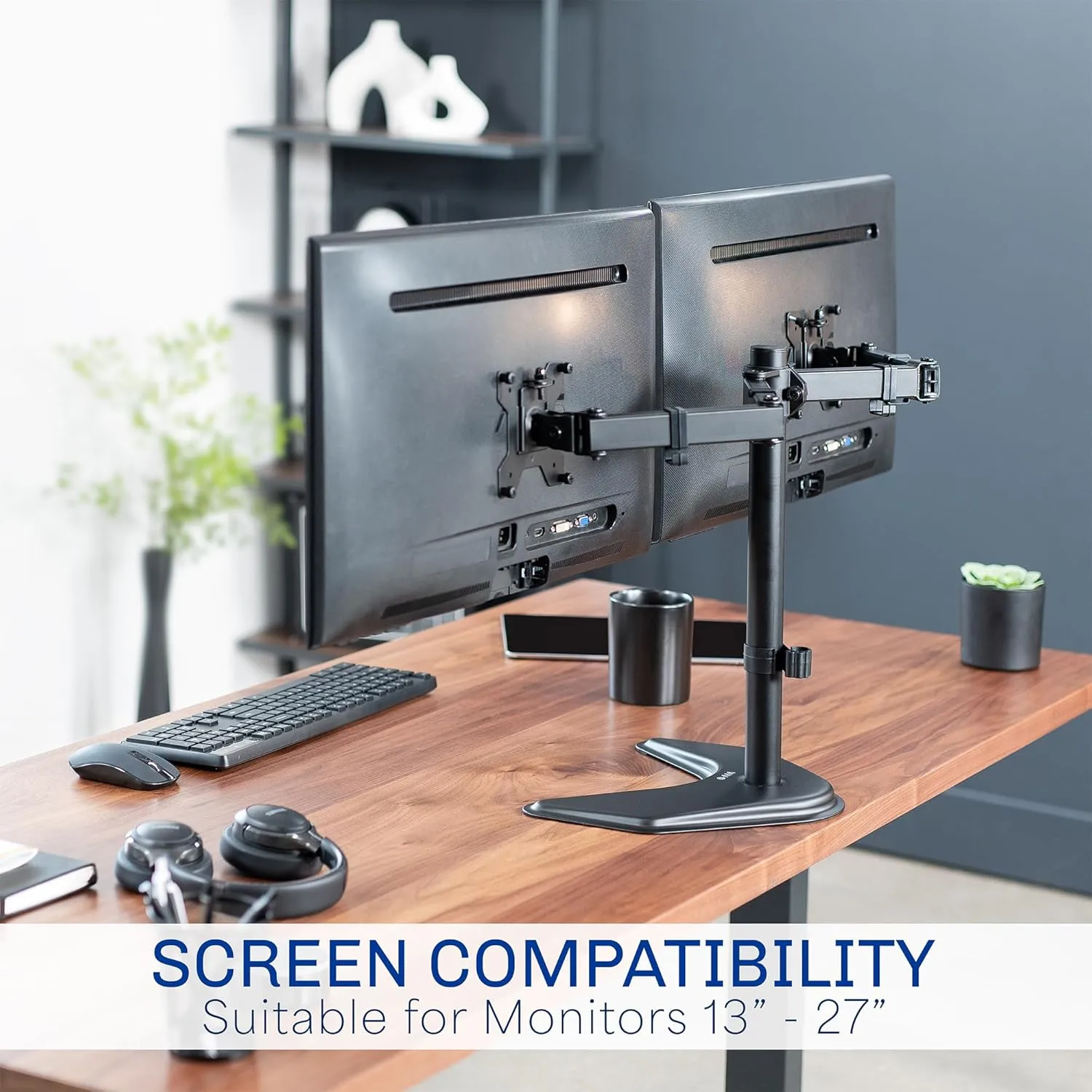 VIVO STAND-V002F Dual LED LCD Monitor Free-Standing Desk Stand for 2 Screens up to 27 Inch Heavy-Duty Fully Adjustable Arms with Max VESA 100x100mm