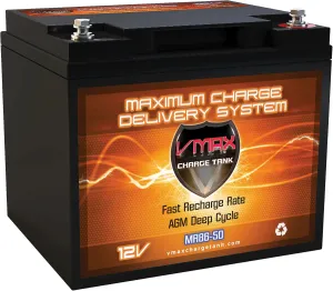 VMAX MR86-50 12V 50AH AGM Deep Cycle Battery (7.8"Lx6.6"Wx6.7"H) compatible with MotorGuide R3-45 Hand Control Transom Mount - 09MT- 45lbs Trolling Motor