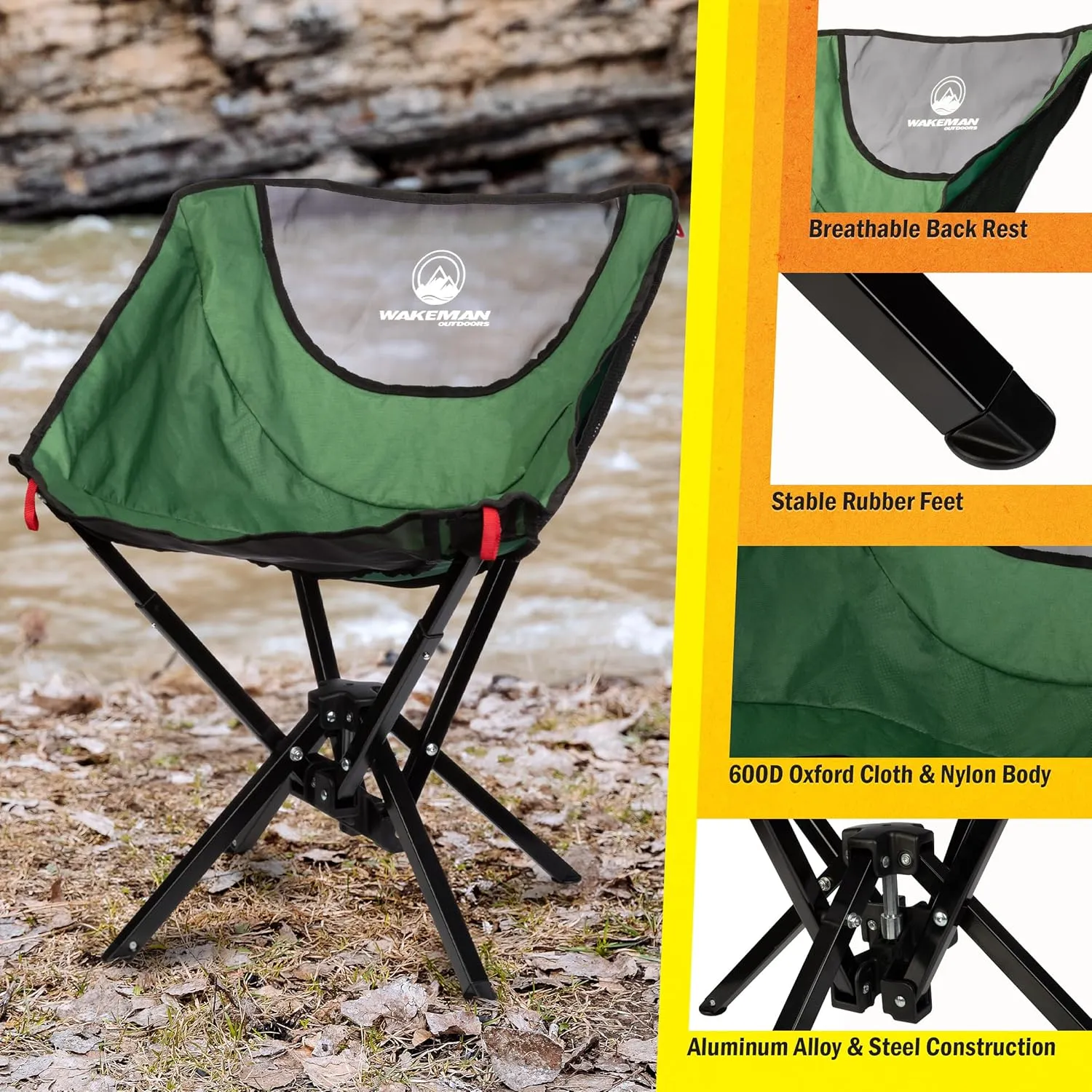 Wakeman Portable Camping Chair - Compact and Foldable Chair - Lightweight Backpacking Chair with Carrying Bag - Backpacking Gear Outdoors (Green)