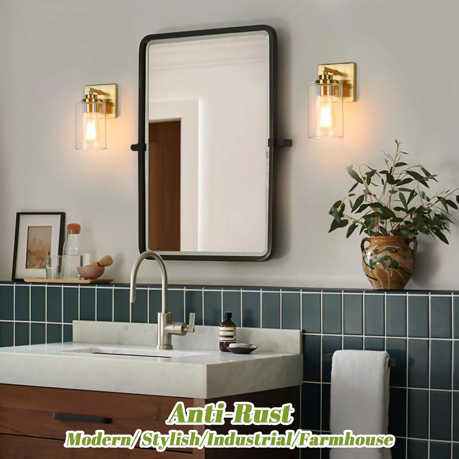 Wall Sconces, Gold Bathroom Light Fixtures, Modern Vanity Lights, Sconces Wall Lighting with Clear Glass, Sconces Wall Decor Set of 2, Wall Light Fixture for Mirror, Living Room, Bedroom, Hallway, E26