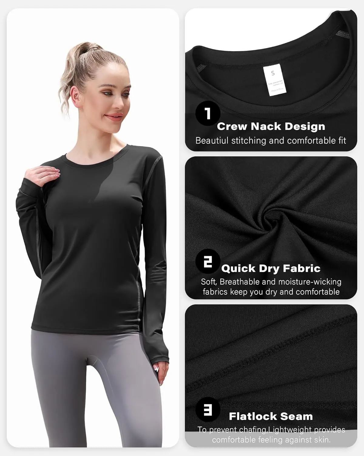 WANAYOU Women's 2-3 Pack Compression Shirt Long Sleeve Dry Fit Workout Tops Breathable Performance Running Athletic T-Shirt