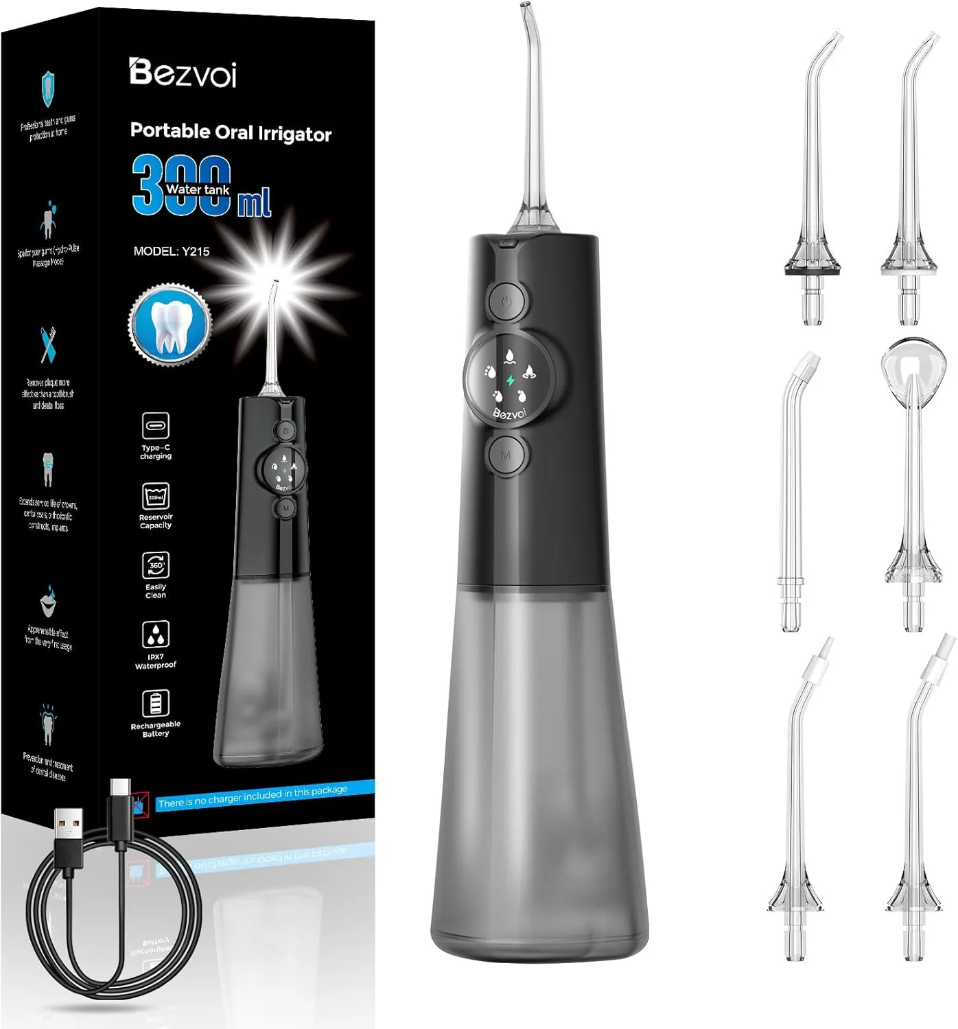 Water Dental Flosser Cordless: Professional Water Floss Teeth Pick LED Display 5 Modes, 300ML Water Tank, IPX7 Waterproof Portable Oral Irrigator with 6 Jet Tips for Travel, Home (Black)