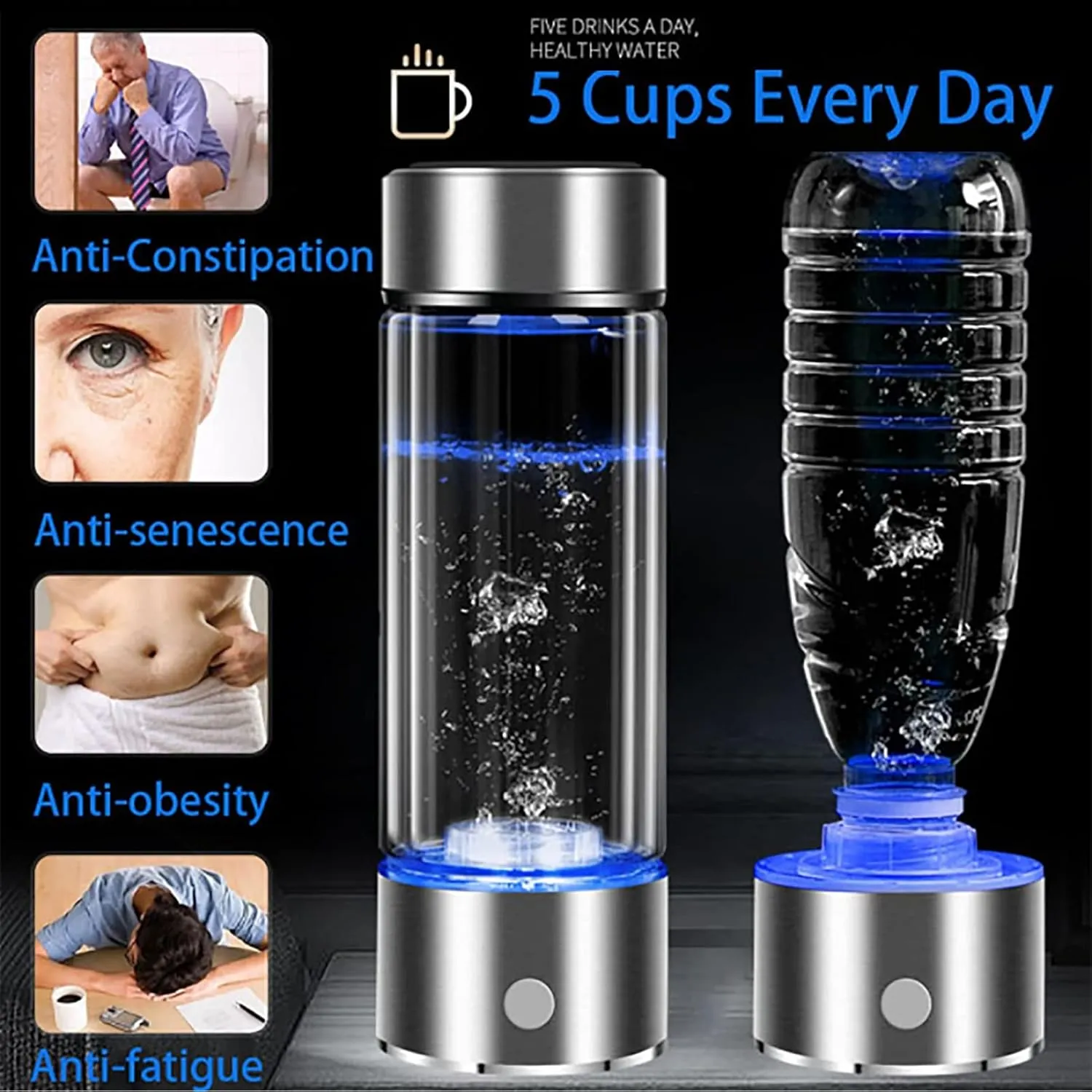 Water Purifiers, Hydrogen-Rich Water Bottle Generator Ionizer Portable 3 Mins Make Hydrogen Content Up to 1000-1300 PPB USB Charging Water Filter Purifier Keep Body Hydrated 450ML