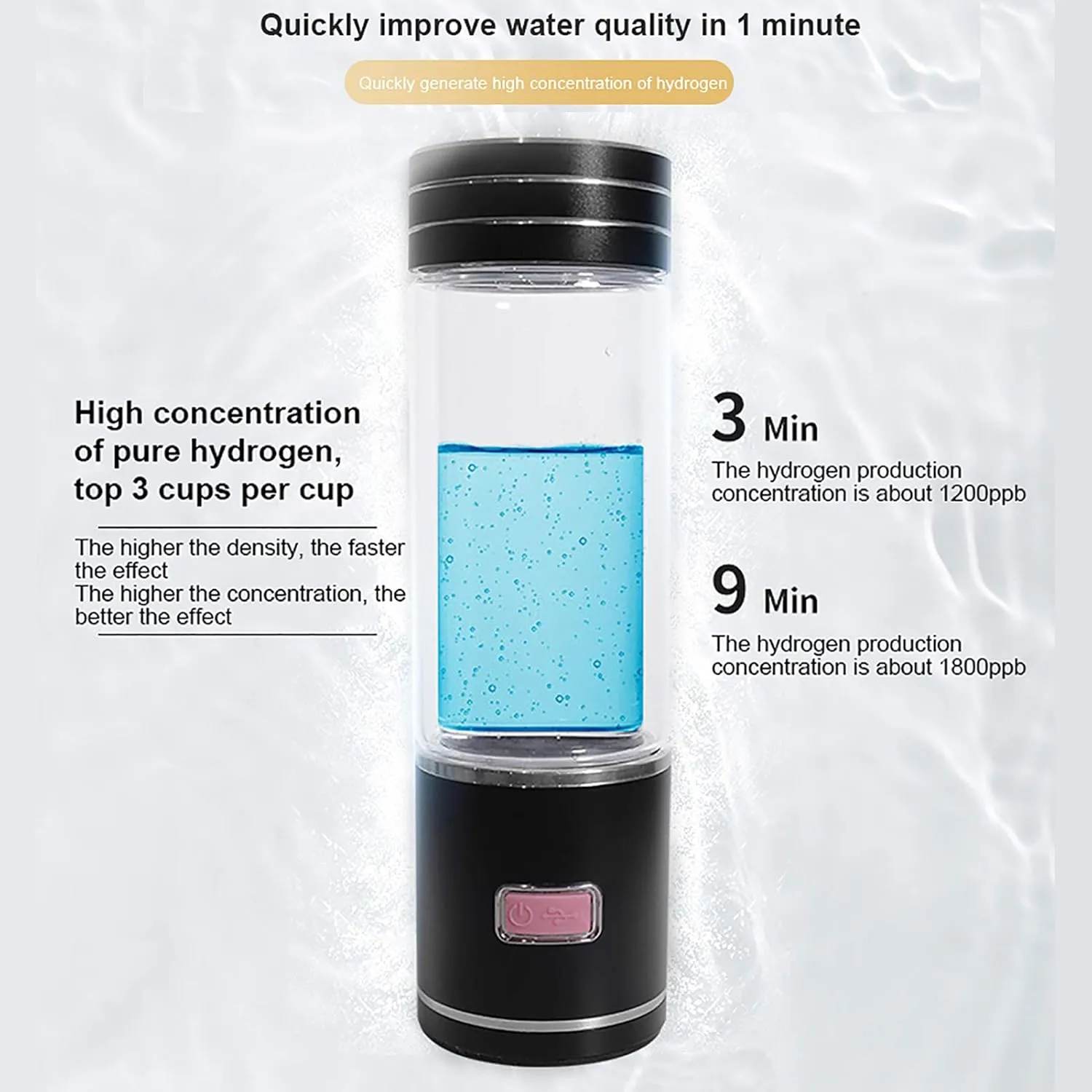 Water Purifiers, Portable Hydrogen-Rich Water Bottle, USB Rechargeable Ionized Water Generator, Get 1200-1600PPB High Hydrogen Concentration Within 5 Minutes 350Ml